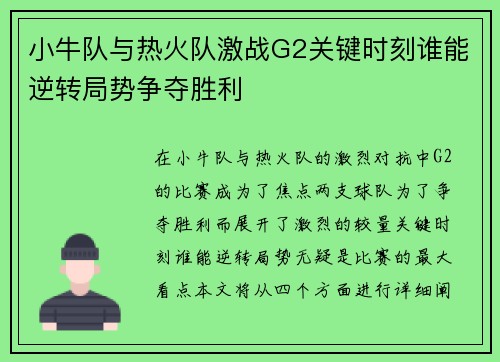 小牛队与热火队激战G2关键时刻谁能逆转局势争夺胜利